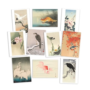 Set di 10 cartoline d'arte giapponesi Ukiyo-e - Confezione di stampe di cartoline Stampa artistica in xilografia Estetica Ohara Koson Shoson Fiori Hawk Fox Carte regalo