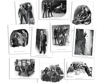 Sherlock Holmes Illustrations Art Postcards Set of 10  Postcard Prints Pack Sidney Paget Conan Doyle Strand Magazine Drawing Victorian Cards