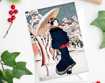 Japanese Ukiyo-e Christmas Greeting Card – Snow Woodblock Print by Kunisada