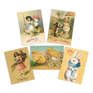 Viktorianische Grußkarten Osterkarten Set Sonntag Frühling Edwardian Englisch British Vintage Retro Kaninchen Hase Eier Küken Kinder Süß Hübsche