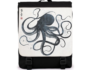 Japanese Octopus Ukiyo-e Rucksack Backpack Bag Woodblock Art Samurai Tattoo Monster Gyotaku Bushido Womens Mens Graphic Printed Cabin Bag
