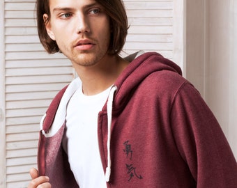 Japanese Calligraphy Zip Hoodie: Yuki/Courage, Thumb Hole Cuffs