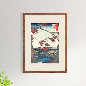 Japanese Art Print Poster Woodblock Ukiyo-e Framed Mounted Wall Hiroshige Maples At Mama Trees Leaves Beautiful Landscape Calligraphy A2 A3