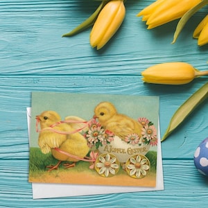 Seltsame viktorianische Grußkarten Ostern Karten Set Frühling Sonntag Edwardian Vintage Retro Entzückend Küken Hühner Lustige Blume Niedlich Hübsch C09