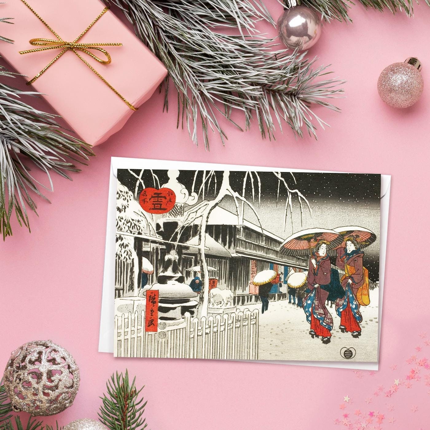 Japanese Ukiyo-e Art Greeting Card Christmas Xmas New Year Winter Woodblock Print Aesthetic Hiroshige Geisha Yosa Buson Elegant Luxury - G80