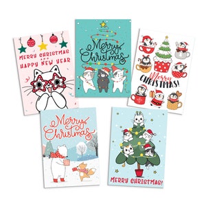 Ensemble de 5 cartes de voeux kawaii, arbre de Noël, nouvel an, hiver, jolis chats, chatons, pingouins, renard, rétro, père noël, adorable, mignon