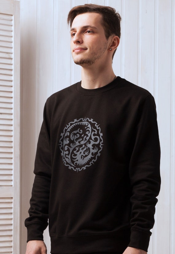 Mens Kung Fu Dragon Printed Long Sleeve Hoodie Pullover Sweatshirt