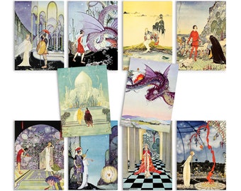 Puede incluir: Un conjunto de diez postales vintage con ilustraciones de escenas fantásticas con dragones, castillos y personas con vestimenta medieval. Las postales están impresas en cartulina gruesa y tienen un acabado mate.