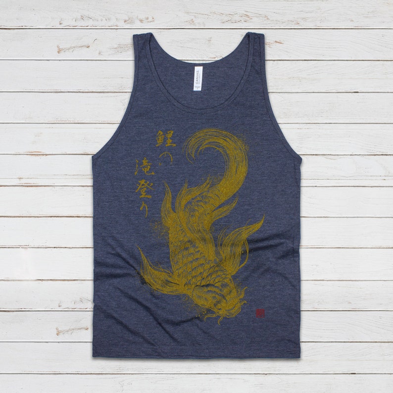 Koi Carp Japanese Calligraphy Tank Top Gyotaku Traditional Art Ukiyo-e Japan Kanji Anime Manga Kyoto Kawaii Womens Men Printed Vest Cami Tee Navy (Gold Print)