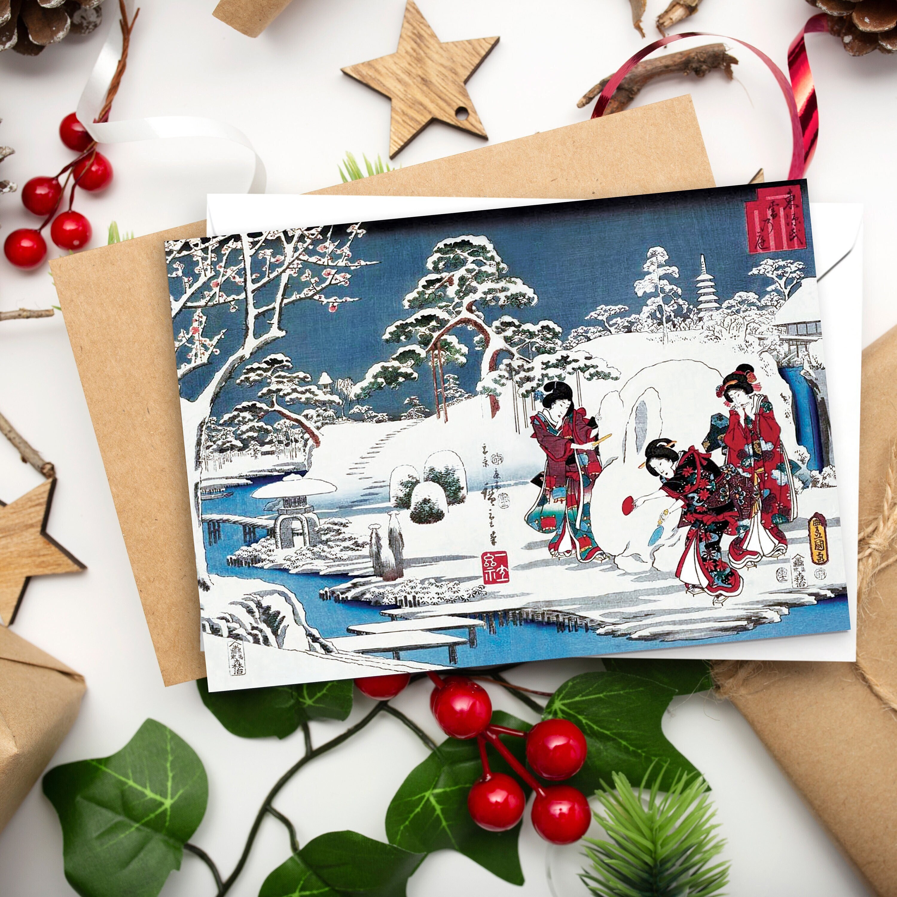 Buy Japanese Ukiyo-e Art Greeting Card Christmas Xmas New Year Winter Woodblock Print Aesthetic Hiroshige Beautiful Basho Elegant Luxury - B38 Online In India - View #3
