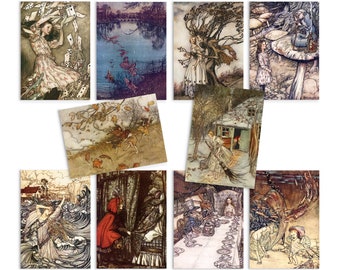 Märchen Illustrationen Kunst Postkarten Set von 10 - Postkarten Drucke Pack Arthur Rackham Alice Im Wunderland Feen Fee Meerjungfrau Karten Geschenk
