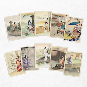 Juego de 10 postales de arte japonés Ukiyo-e, impresiones Ogata Gekko Bijin-ga, estilo vintage, xilografía, estética, regalo de kimono con flores para mujer