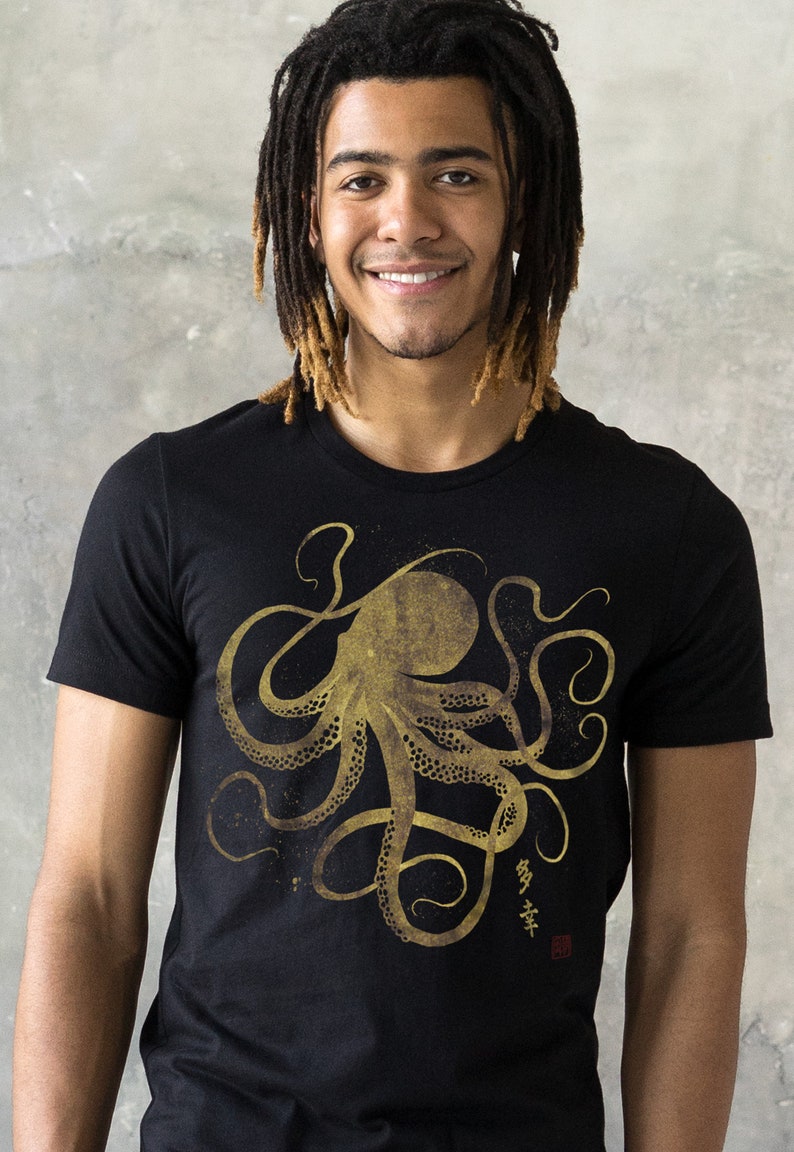 Octopus Japanese Calligraphy T Shirt Gyotaku Traditional Art Japan Anime Manga Gold Print Yoga Martial Arts Samurai Mens Womens Printed Tee image 4