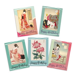 Feliz cumpleaños Japonés Ukiyo-e Art Tarjetas de felicitación Juego de tarjetas de 5 paquetes de xilografía Impresión estética Hiroshige Hokusai Elegantes flores maiko