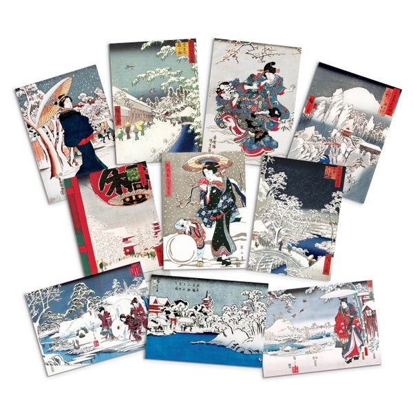 Japanese Ukiyo-e Art Greeting Cards Set of 10 - Christmas Card Xmas New Year Winter Woodblock Print Aesthetic Hiroshige Hokusai Haiku Basho