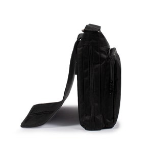 May include: A black messenger bag shown from a side profile view, featuring a structured rectangular body, a long adjustable shoulder strap, and a front flap that is partially open. The bag includes multiple zippered compartments and pockets.