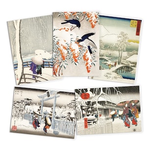 Japanische Ukiyo-e Kunst Grußkarten Weihnachtskarten Set Weihnachten Neujahr Winter Holzschnitt groß A5 C5 Luxus Hiroshige Basho Haiku Issa