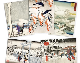 Japanese Ukiyo-e Art Greeting Cards Christmas Card Set Xmas New Year Winter Woodblock Print Large A5 C5 Luxury Hiroshige Koson Haiku Issa