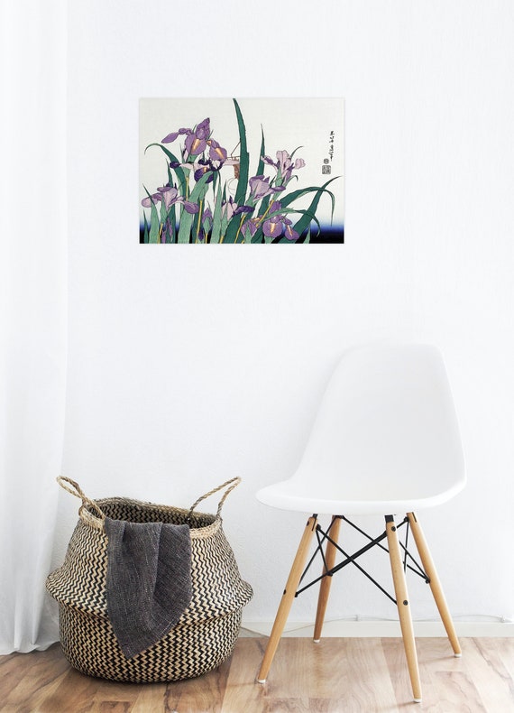 Hokusai Ukiyo-e Iris & Grasshopper Art Print, Japanese Woodblock