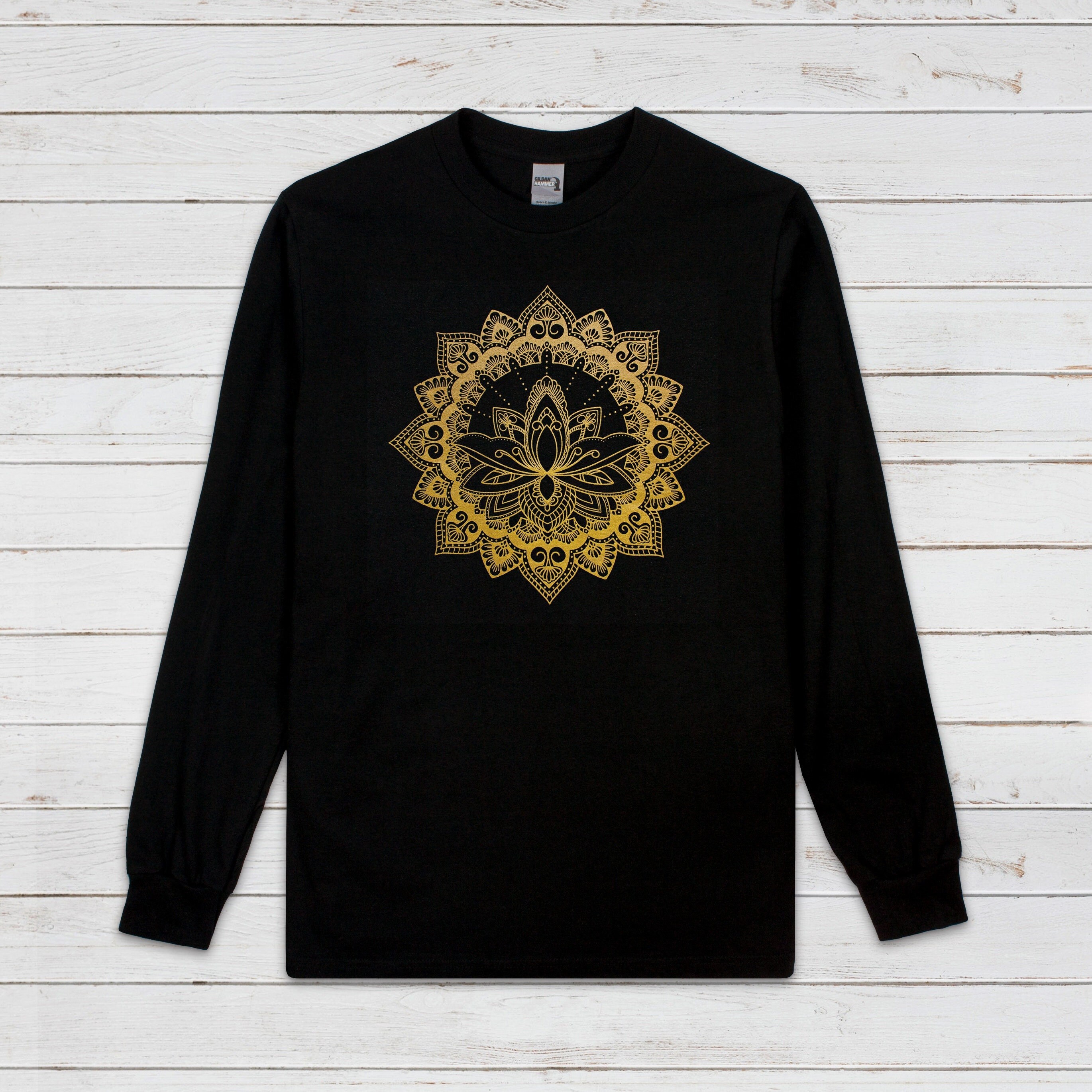 ロータスマンダラ柄長袖Tシャツ、ゴールドヘナプリント - Etsy 日本