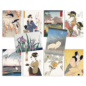 Japanische Ukiyo-e Art Postkarten Set von 10 - Postkarten Drucke Pack Holzschnitt Kunstdruck Ästhetische Hiroshige Hokusai Geisha Blumen Karten Geschenk