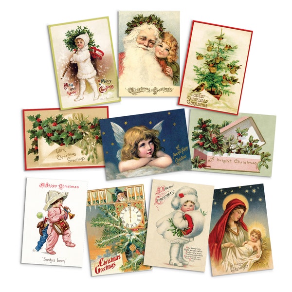 Victoriaanse wenskaarten kerstkaart set van 10 kerstmis boom nieuwjaar winter Edwardiaanse Engels Britse vintage retro santa angel schattig uniek uniek