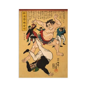 Könnte beinhalten: Japanischer Holzschnitt, der einen Sumo-Ringer und mehrere Figuren in westlicher Kleidung zeigt. Das Kunstwerk zeichnet sich durch kräftige Linien und leuchtende Farben aus, mit japanischem Text oben links. Die Figuren sind in einer dynamischen, actionreichen Szene dargestellt.