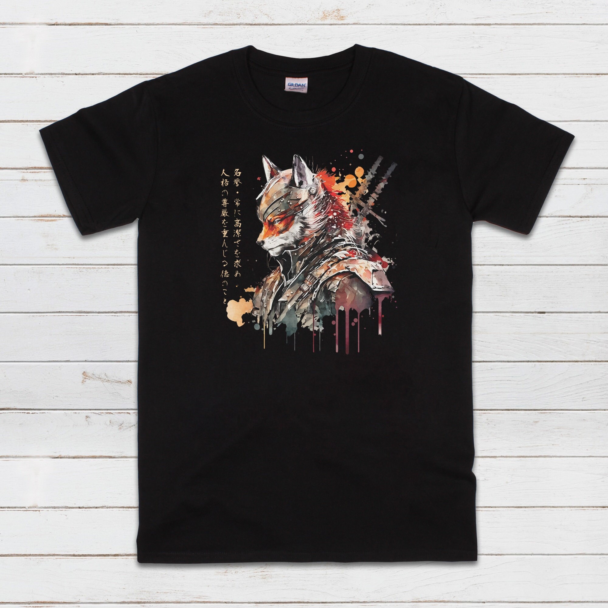 T-shirt japonais Samurai Fox Bushido Honor Kitsune Arts martiaux traditionnels Ninja Sword Calligraphie Anime Manga Hommes Femmes Tee imprimé