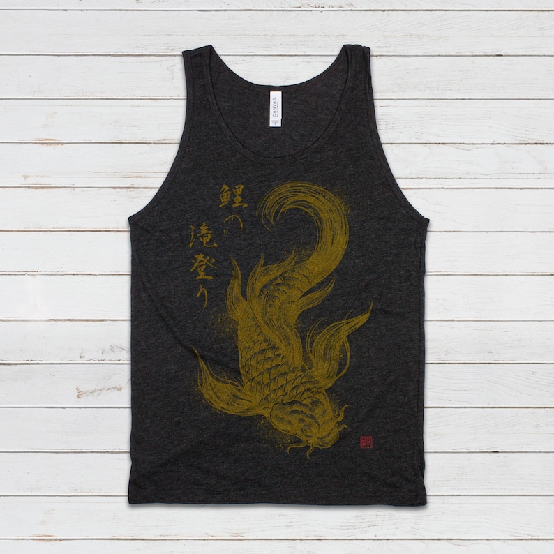 Koi Carp Japanese Calligraphy Tank Top Gyotaku Traditional Art Ukiyo-e Japan Kanji Anime Manga Kyoto Kawaii Womens Men Printed Vest Cami Tee Black (Gold Print)