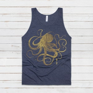 Octopus Japanese Calligraphy Tank Top Gyotaku Traditional Ukiyo-e Japan Kanji Anime Manga Kyoto Kawaii Womens Mens Printed Vest Cami Tee Navy (Gold Print)