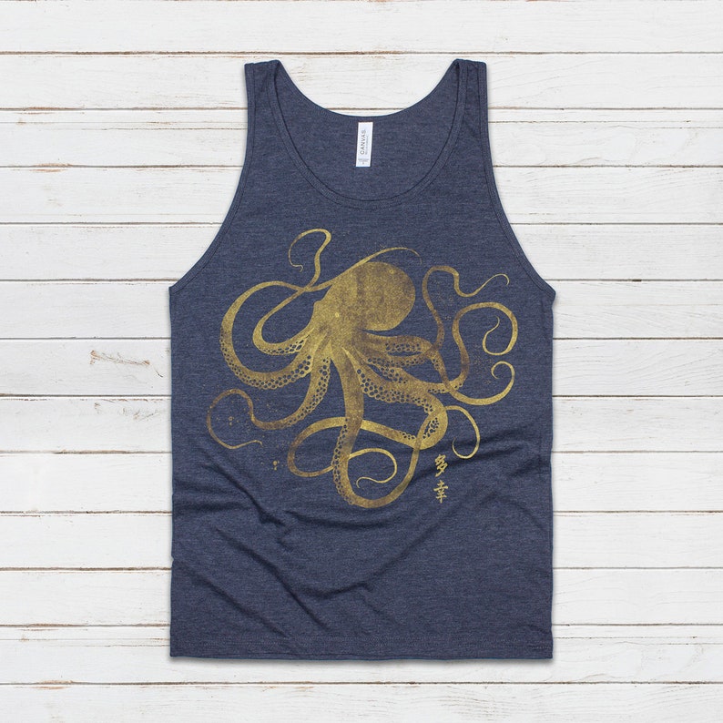 Octopus Japanese Calligraphy Tank Top Gyotaku Traditional Ukiyo-e Japan Kanji Anime Manga Kyoto Kawaii Womens Mens Printed Vest Cami Tee Navy (Gold Print)