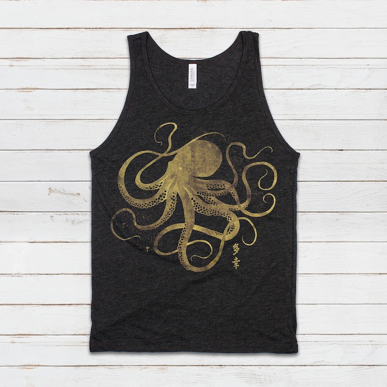 Octopus Calligraphie japonaise Débardeur Gyotaku Traditionnel Ukiyo-e Japon Kanji Anime Manga Kyoto Kawaii Femmes Hommes Imprimé Gilet Cami Tee Black (Gold Print)