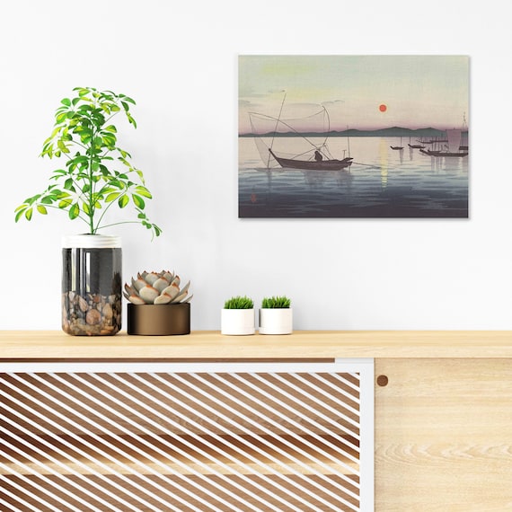 Japanese Woodblock Art Print: Fishing Boats at Sunset, Ukiyo-e A3