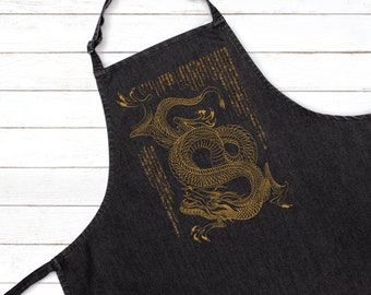 Dragon Japanese Calligraphy Printed Apron Baking Cooking Japan Snake Anime Ryu Traditional Chef Womens Mens Full Length One Size Gifts Gift
