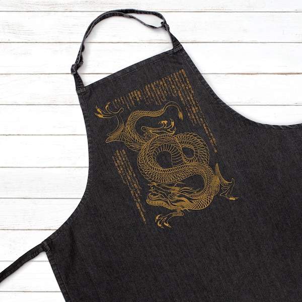 Dragon Japanese Calligraphy Printed Apron Baking Cooking Japan Snake Anime Ryu Traditional Chef Womens Mens Full Length One Size Gifts Gift