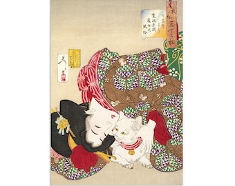 Ukiyo-e Art Print: Kyoto Geisha, Maiko & Cat