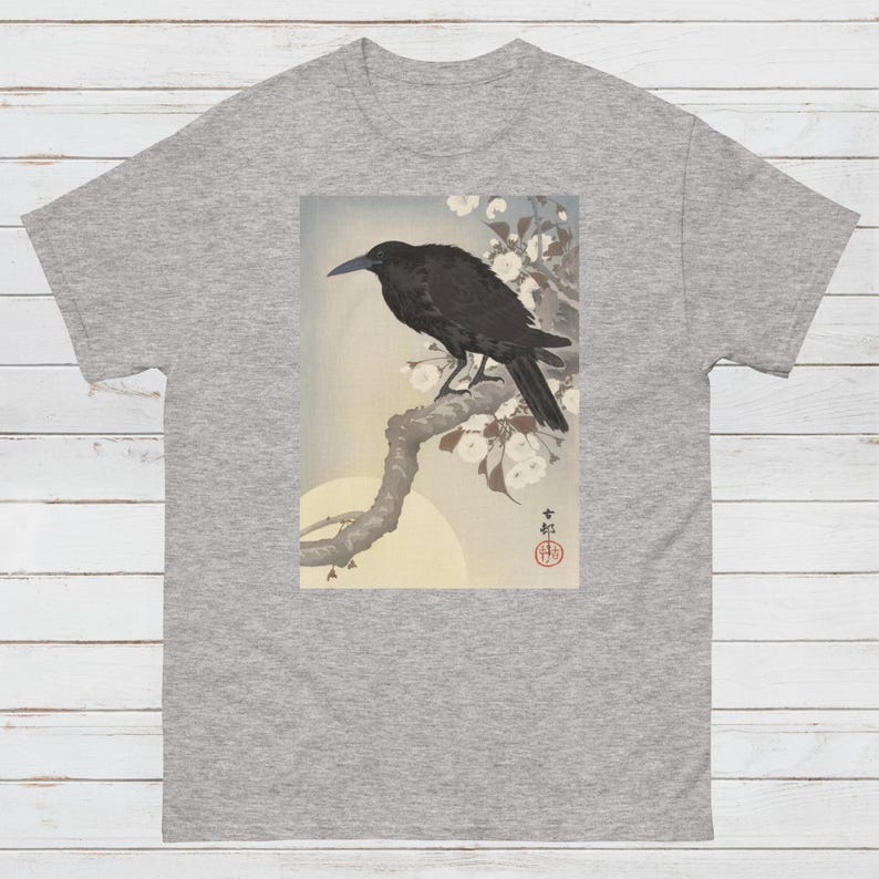 Japanese Ukiyo-e T Shirt Woodblock Art Ohara Koson Shoson Crow Raven Rook Bird Tattoo Moon Kanji Calligraphy Women's Men's Graphic Printed