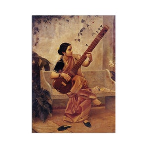 Indian Art Vintage Print Poster Antique Raja Ravi Varma Kadambari Music Hath Charm Hindu Kerala Painting  Beautiful A3 Veena Sitar Music