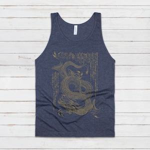 Japanese Tank Top Dragon Ryu Japan Traditional Chinese Ukiyo-e Dragon Naga Yoga Martial Arts Anime Manga Gym Mens Womens Printed Vest Cami Navy (Gold Print)