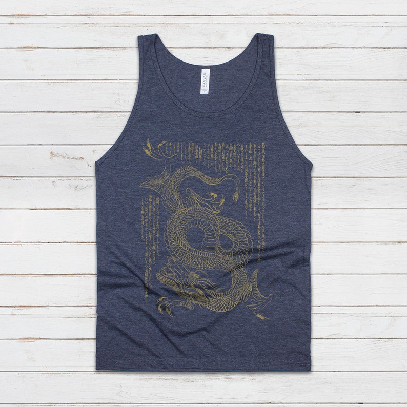 Japanese Tank Top Dragon Ryu Japan Traditional Chinese Ukiyo-e Dragon Naga Yoga Martial Arts Anime Manga Gym Mens Womens Printed Vest Cami Navy (Gold Print)