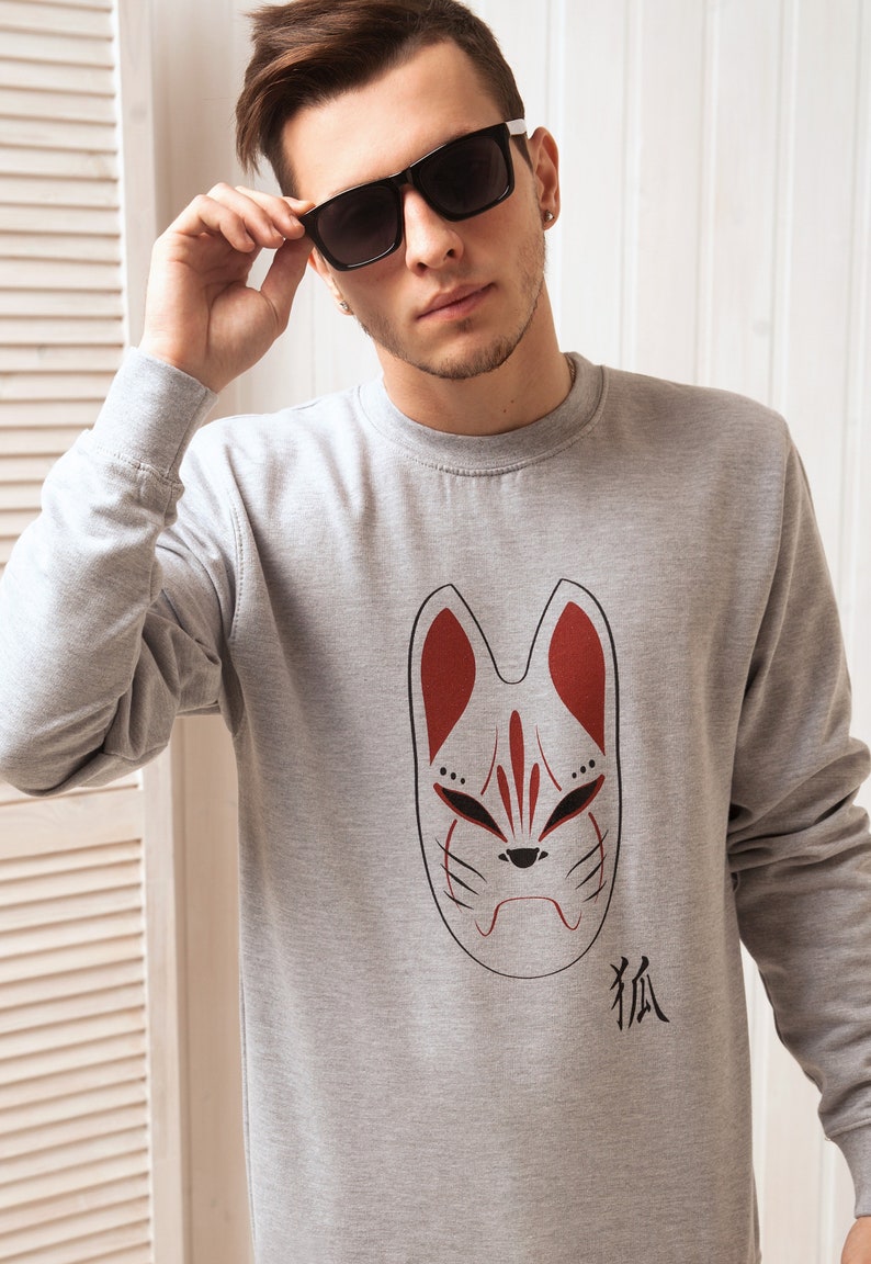 Japanese Sweatshirt Kitsune Fox Mask Kitsunemen Calligraphy Kanji Inari Japan Anime Manga Kawaii Graphic Printed Pullover Sweater Jumper image 4