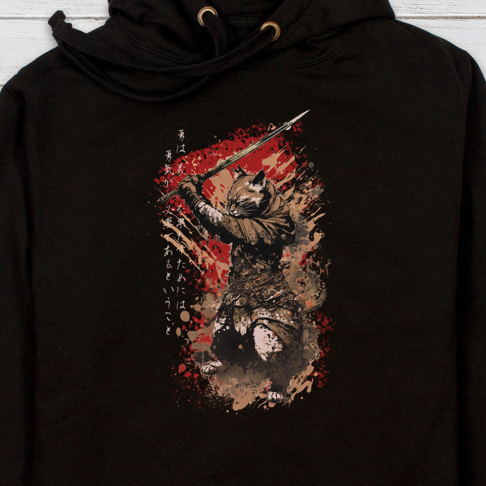Japanische Samurai Katze Neko Hoodie Kalligraphie Traditionelle