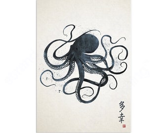 Japanese Octopus Art Print Poster Woodblock Ukiyo-e Style Wall Samurai Tattoo Monster Kanji Gyotaku Japan Calligraphy Beautiful Bushido A3