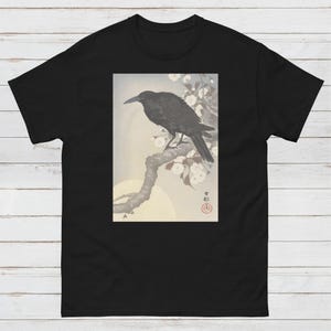 Japanese Ukiyo-e T Shirt Woodblock Art Ohara Koson Shoson Crow Raven Rook Bird Tattoo Moon Kanji Calligraphy Women's Men's Graphic Printed
