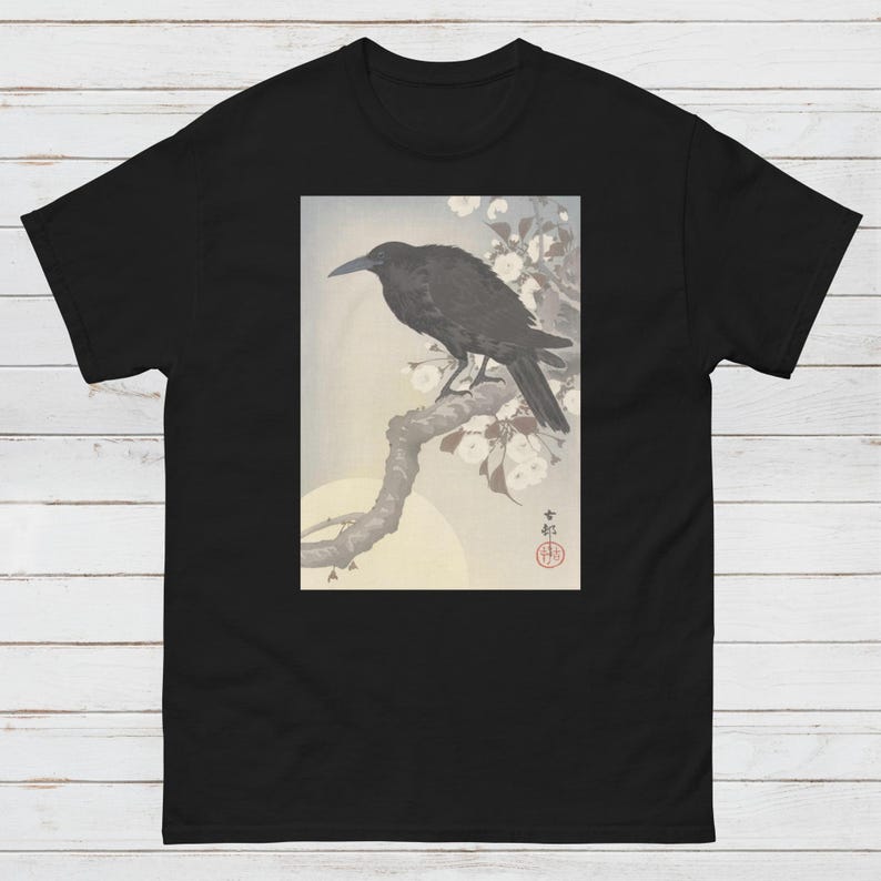 Japanese Ukiyo-e T Shirt Woodblock Art Ohara Koson Shoson Crow Raven Rook Bird Tattoo Moon Kanji Calligraphy Women's Men's Graphic Printed