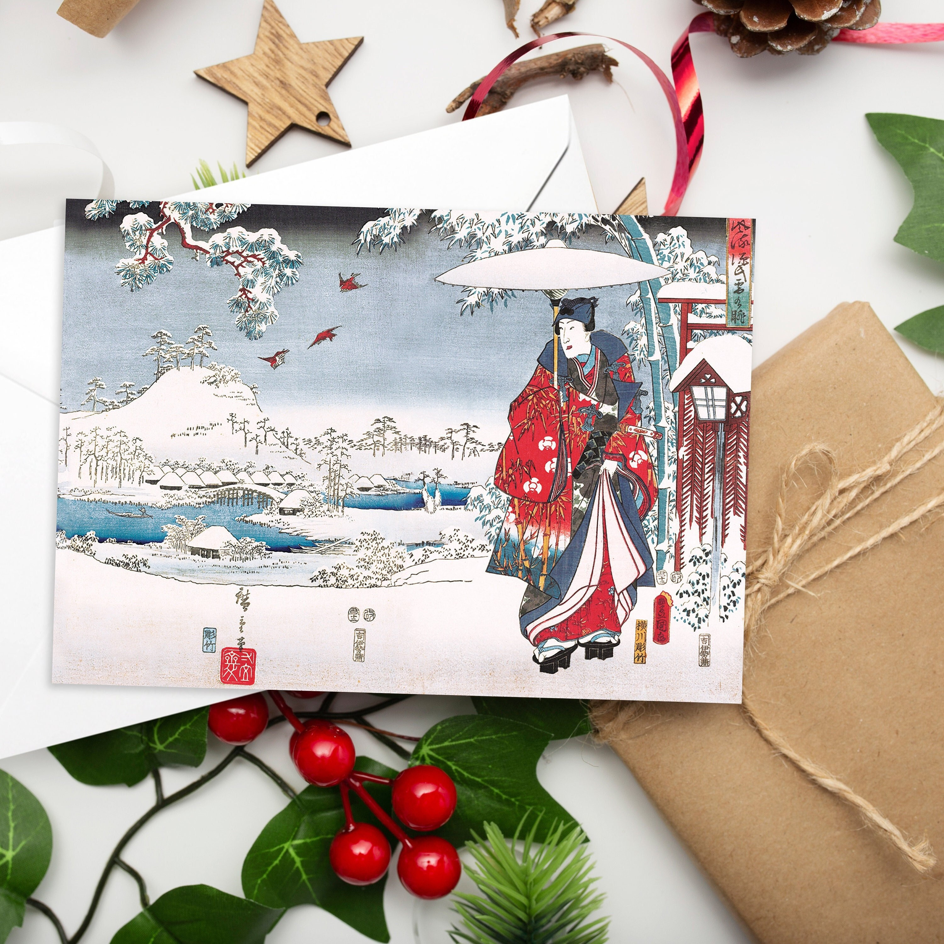 Japanese Ukiyo-e Art Greeting Card A5 – Koson "Birds And Berries In Snow" Winter Card With Envelope, Blank Inside