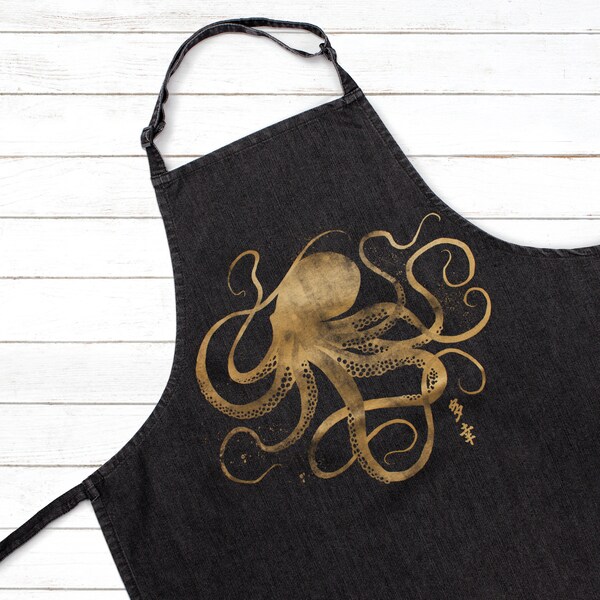 Octopus Japanese Calligraphy Printed Apron Baking Cooking Japan Anime Kraken Traditional Chef Womens Mens Full Length One Size Gifts Gift