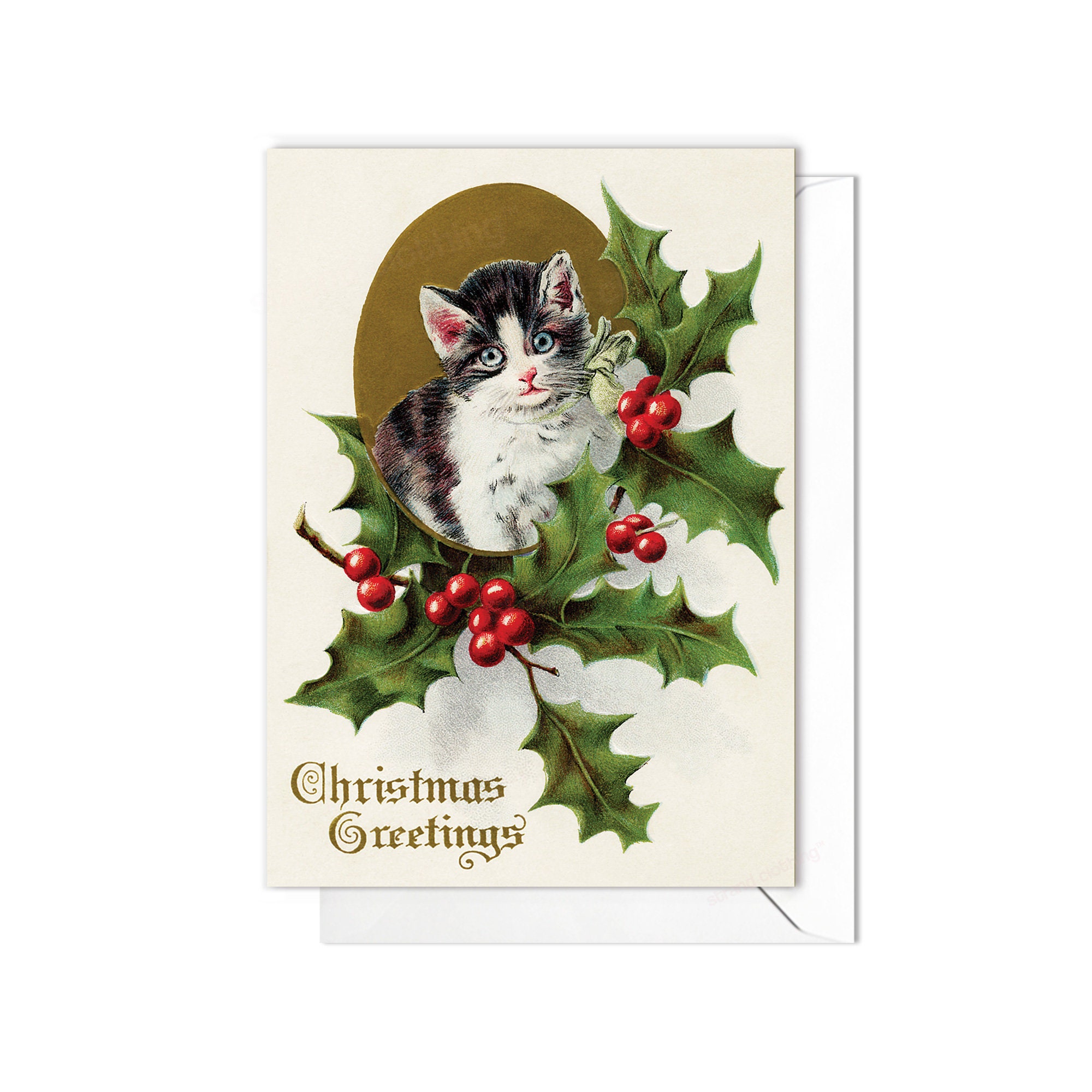 Weihnachtskarte Mit Kaliko-Katze & Stechpalme – Viktorianisches Design, 12,5x17,5 Cm
