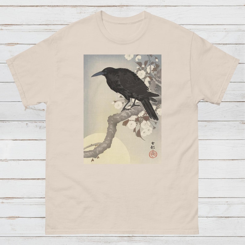 Japanese Ukiyo-e T Shirt Woodblock Art Ohara Koson Shoson Crow Raven Rook Bird Tattoo Moon Kanji Calligraphy Women's Men's Graphic Printed