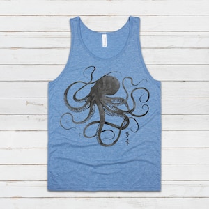 Octopus Calligraphie japonaise Débardeur Gyotaku Traditionnel Ukiyo-e Japon Kanji Anime Manga Kyoto Kawaii Femmes Hommes Imprimé Gilet Cami Tee Heather Light Blue